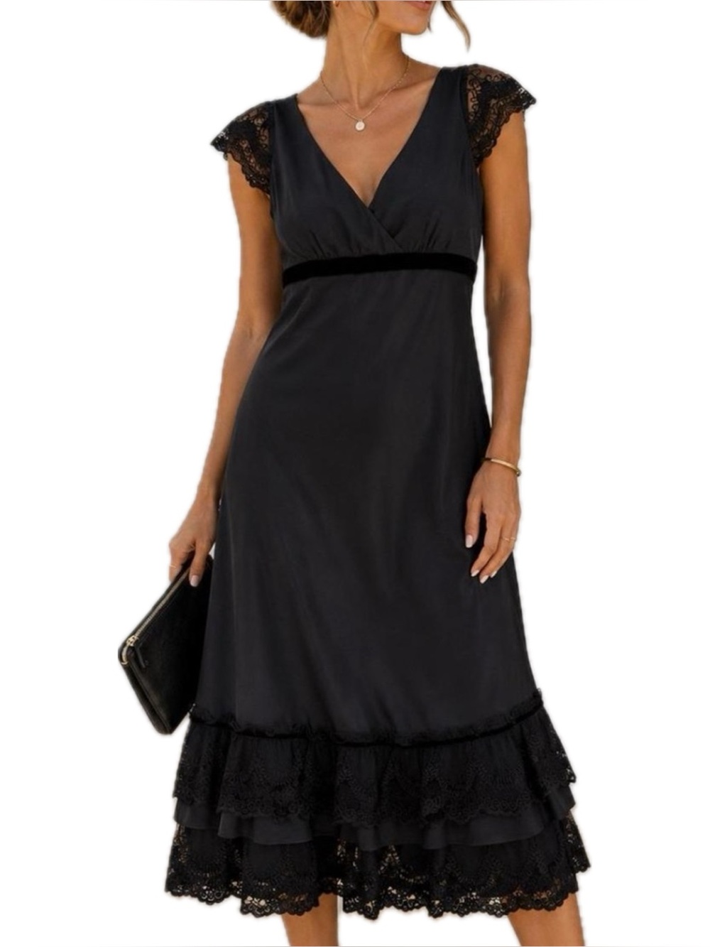 Loft Silk Lace Trim MIDI Dress in Black